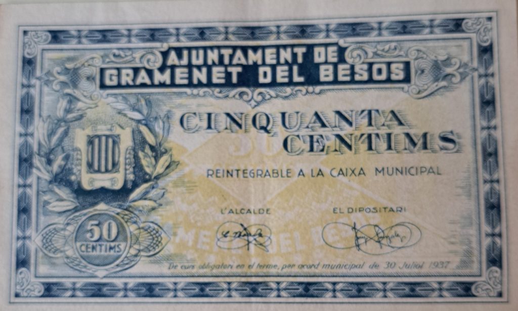 Bitllet de cinquanta cèntims de Gramenet del Besòs. La moneda a Santa Coloma de Gramenet