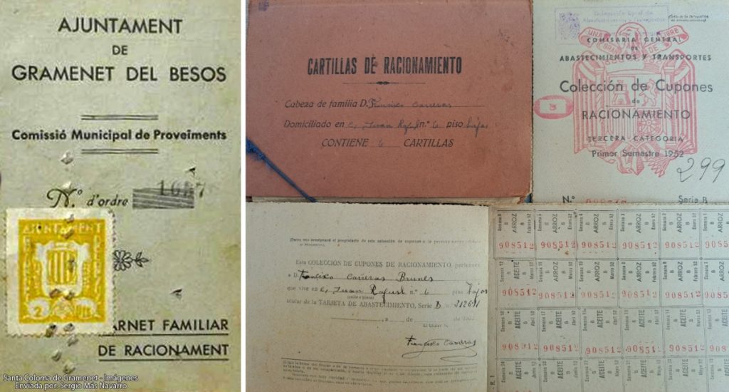 Una cartilla de racionament de l’Ajuntament de Gramenet del Besòs (1937) i una cartilla de racionament de postguerra d’un colomenc. Santa Coloma de Gramenet