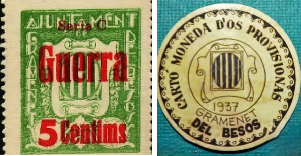 Timbre i moneda de cartró de Gramenet del Besòs, 1937