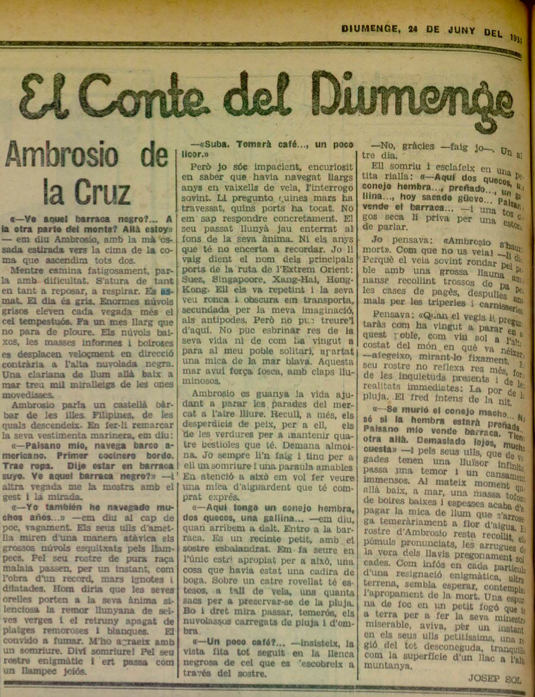 El conte "Ambriosio de la Cruz", de Josep Sol, publicat a La Humanitat